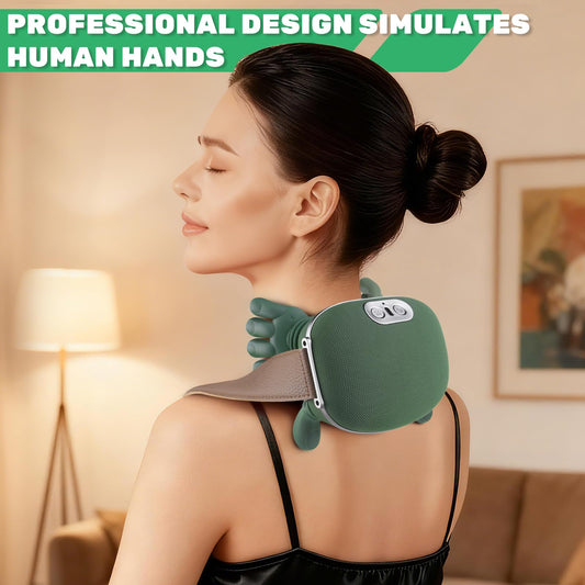 HANQUAN neck massager showing shoulder and back press with customizable comfort levels.