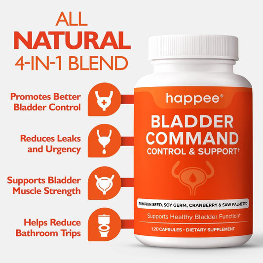 Happee Bladder Command capsules close-up highlighting easy-to-swallow design for daily use