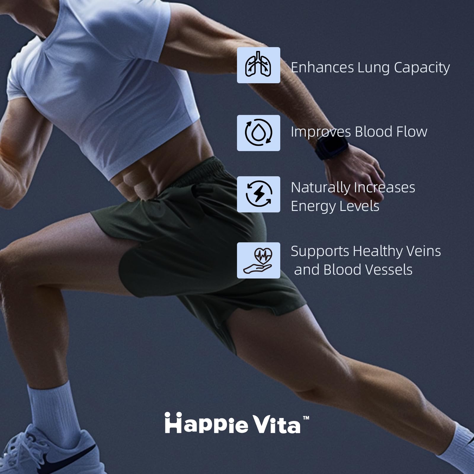 HappieVita capsules cap-open reveals easy daily dose for workouts and recovery.
