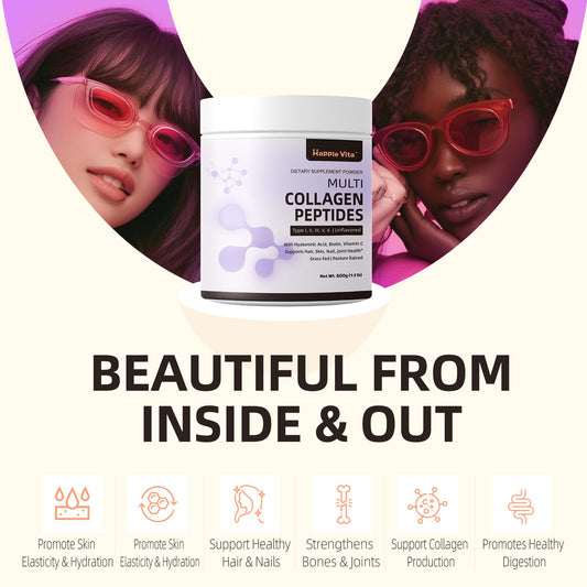 HappieVita collagen types I–X bottle displaying full spectrum blend