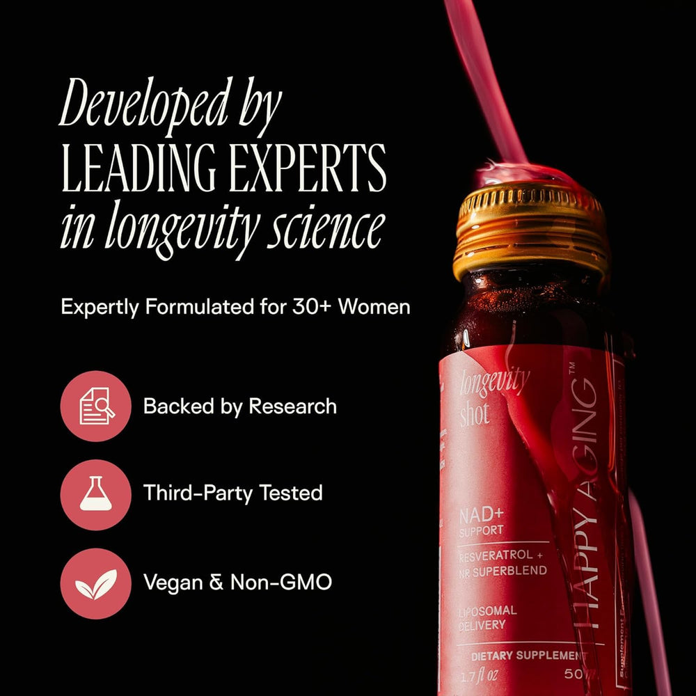 Happy Aging ingredients label showing ceramides and spinach for skin and vitality.