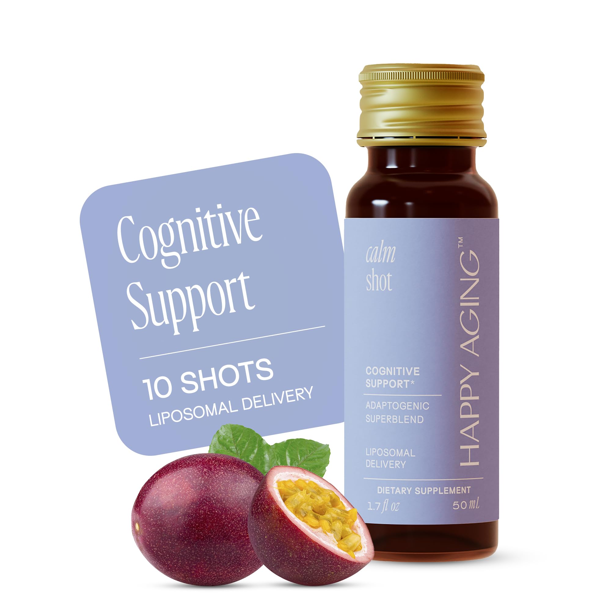 Happy Aging Cortisol Shots bottle front view for daily stress relief and balance.