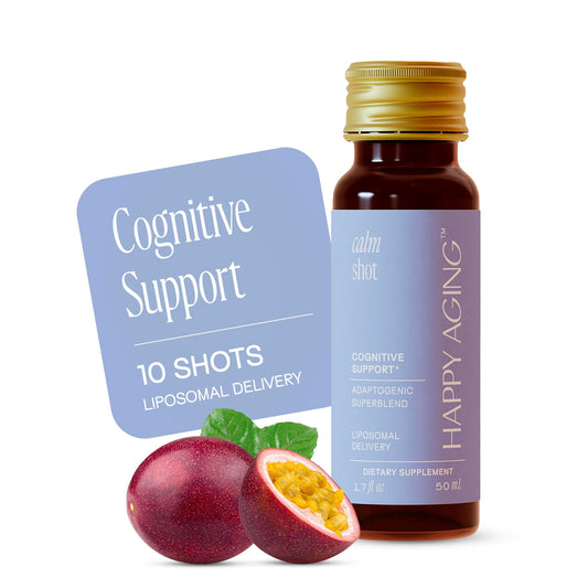 Happy Aging Cortisol Shots bottle front view for daily stress relief and balance.