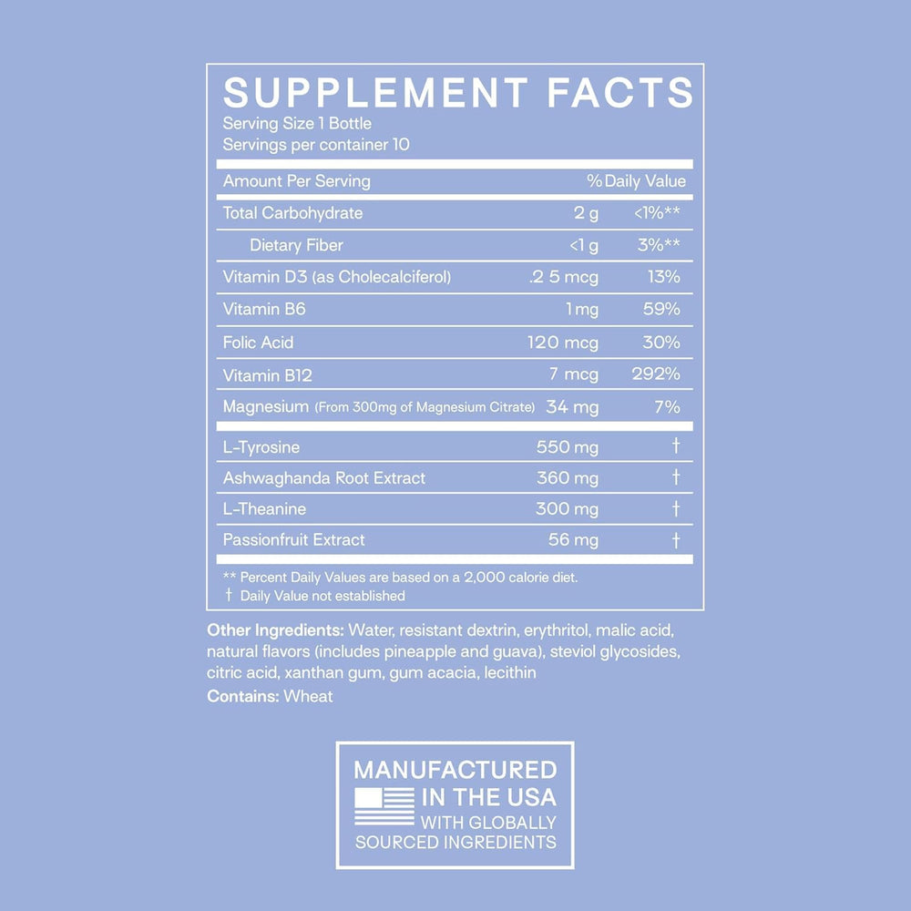 Happy Aging Cortisol Shots bottle label close-up highlighting adaptogens for mood support.
