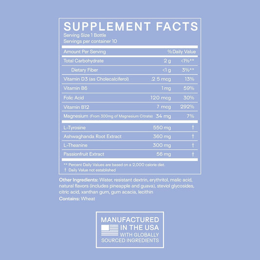 Happy Aging Cortisol Shots bottle label close-up highlighting adaptogens for mood support.