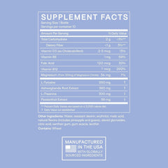 Happy Aging Cortisol Shots bottle label close-up highlighting adaptogens for mood support.