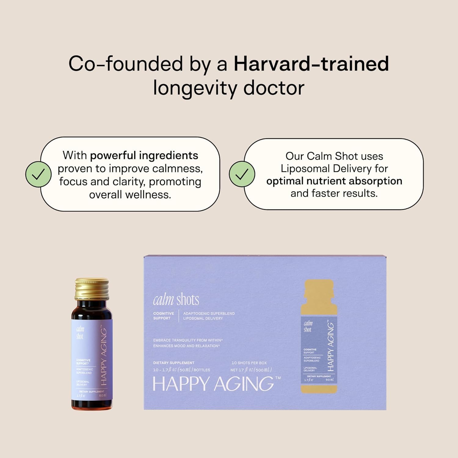 Happy Aging Cortisol Shots ingredients label draws attention to ashwagandha and magnesium benefits.