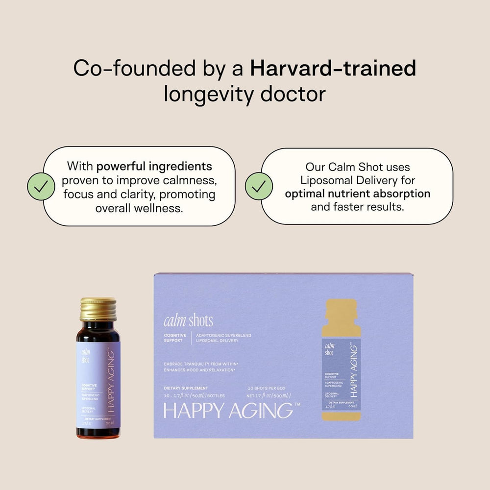 Happy Aging Cortisol Shots ingredients label draws attention to ashwagandha and magnesium benefits.