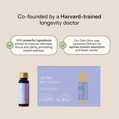 Happy Aging Cortisol Shots ingredients label draws attention to ashwagandha and magnesium benefits.