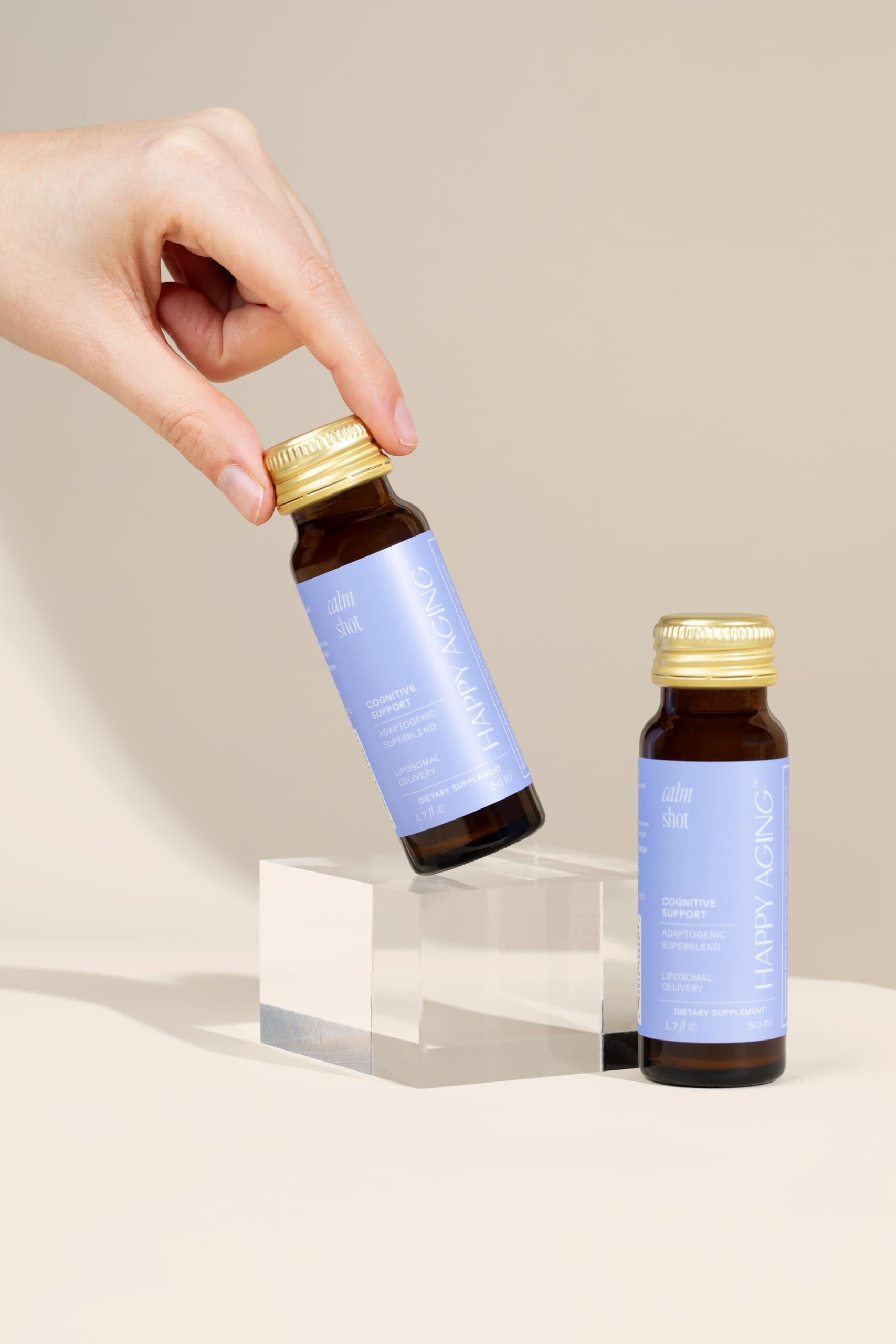 Happy Aging Cortisol Shots on nightstand scene suggests sleep-friendly support after busy days.