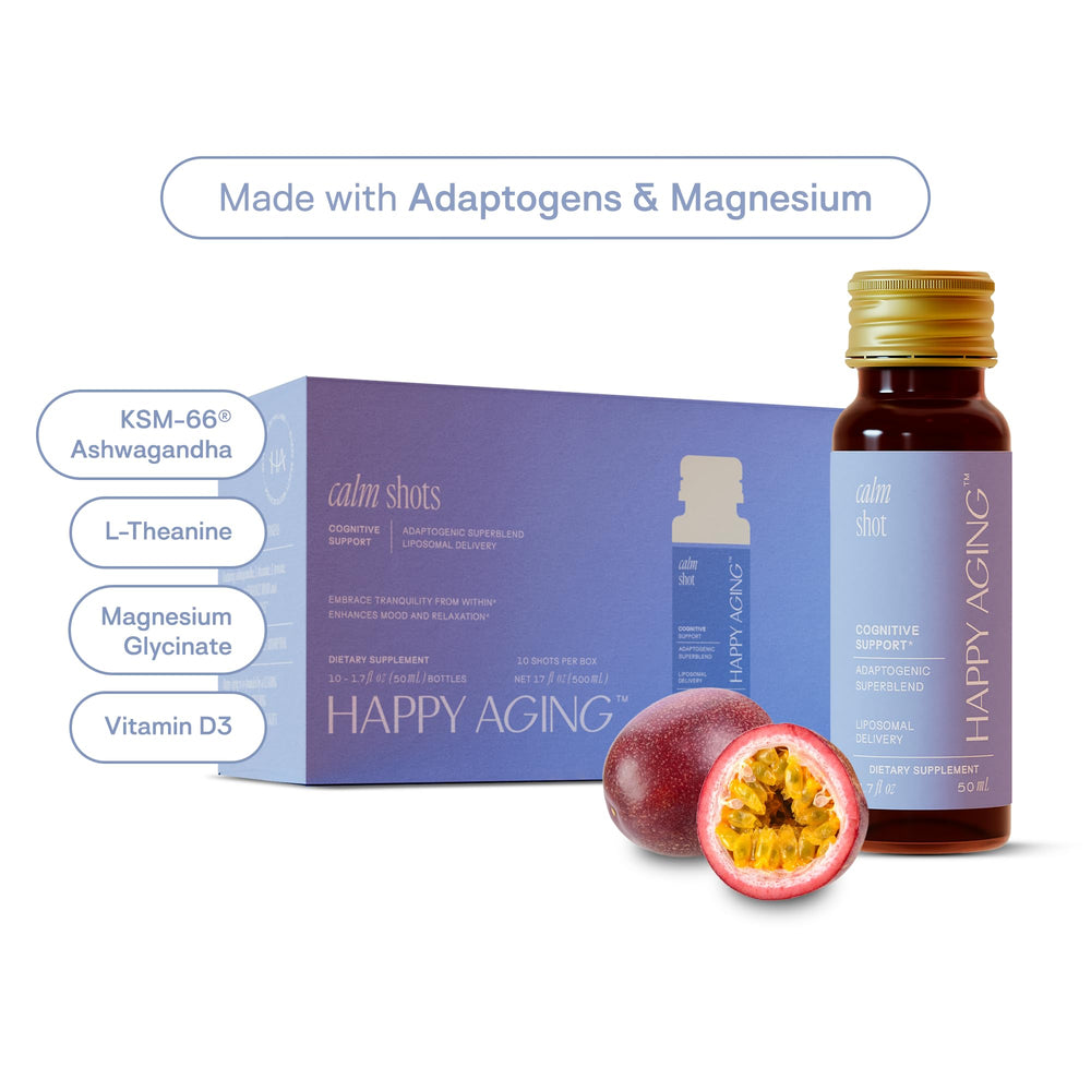 Happy Aging Cortisol Shots pour into glass signaling convenient daily intake.