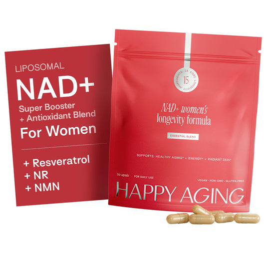 Happy Aging essential longevity formula bottle front for daily vitality support