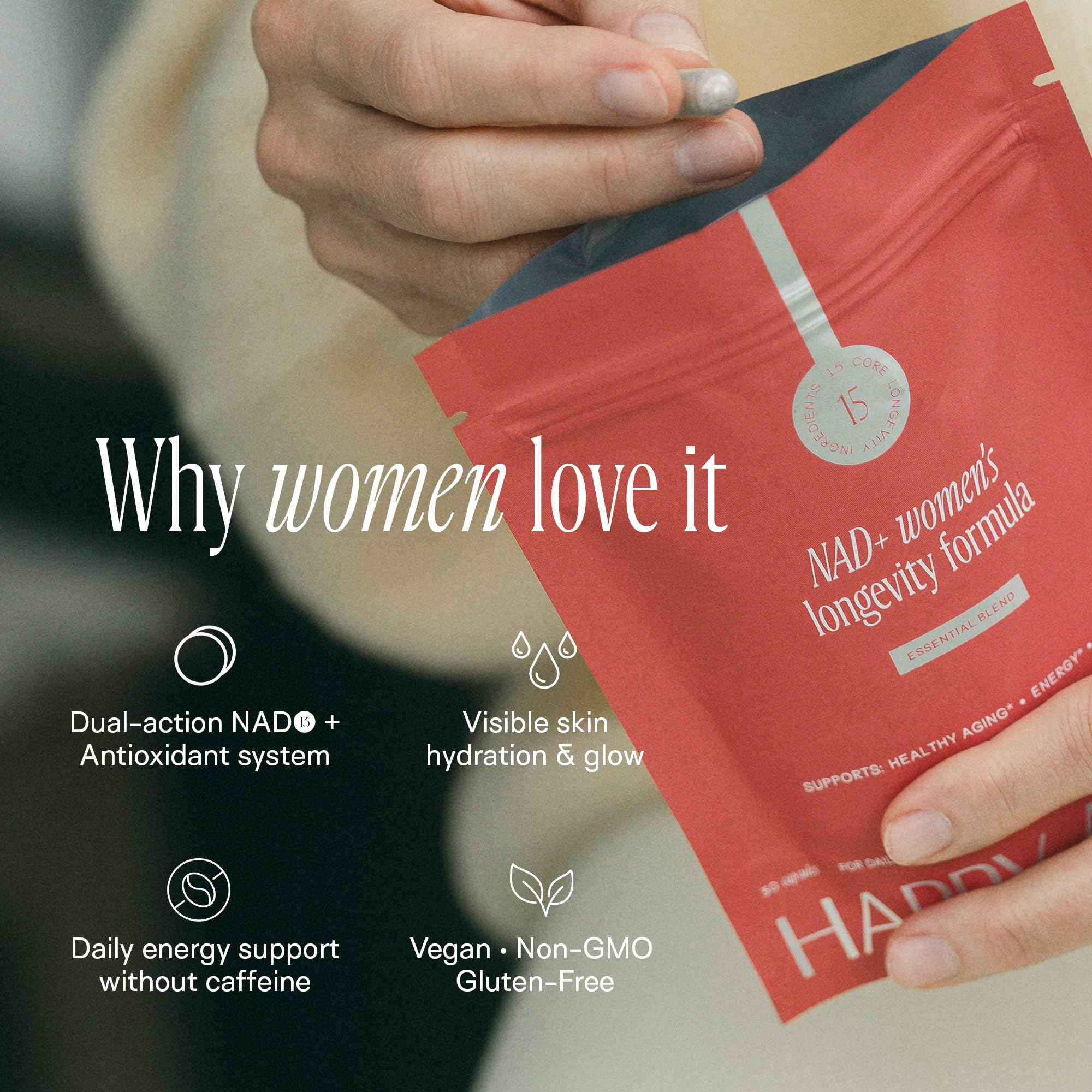 Happy Aging bottle with goji berries highlighting antioxidant blend