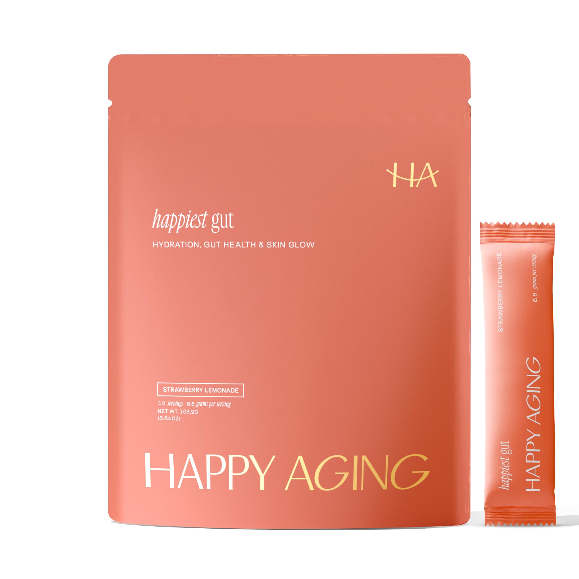 Happy Aging Happiest Gut bottle with strawberry lemonade powder for daily hydration