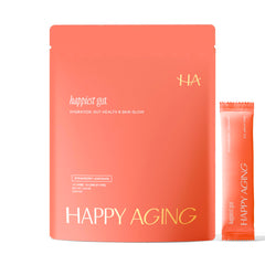 Happy Aging Happiest Gut bottle with strawberry lemonade powder for daily hydration