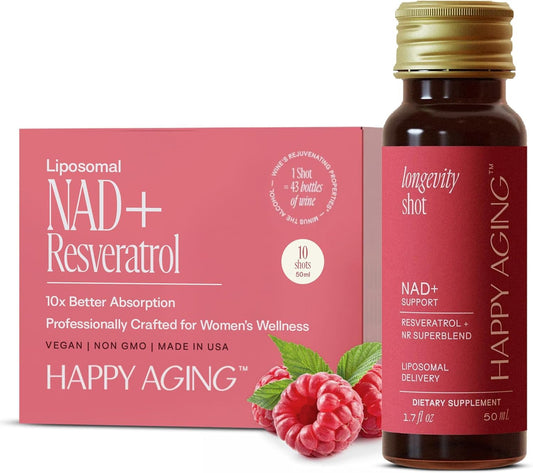 Happy Aging bottle with mixed berry flavor shot for daily energy and skin support.