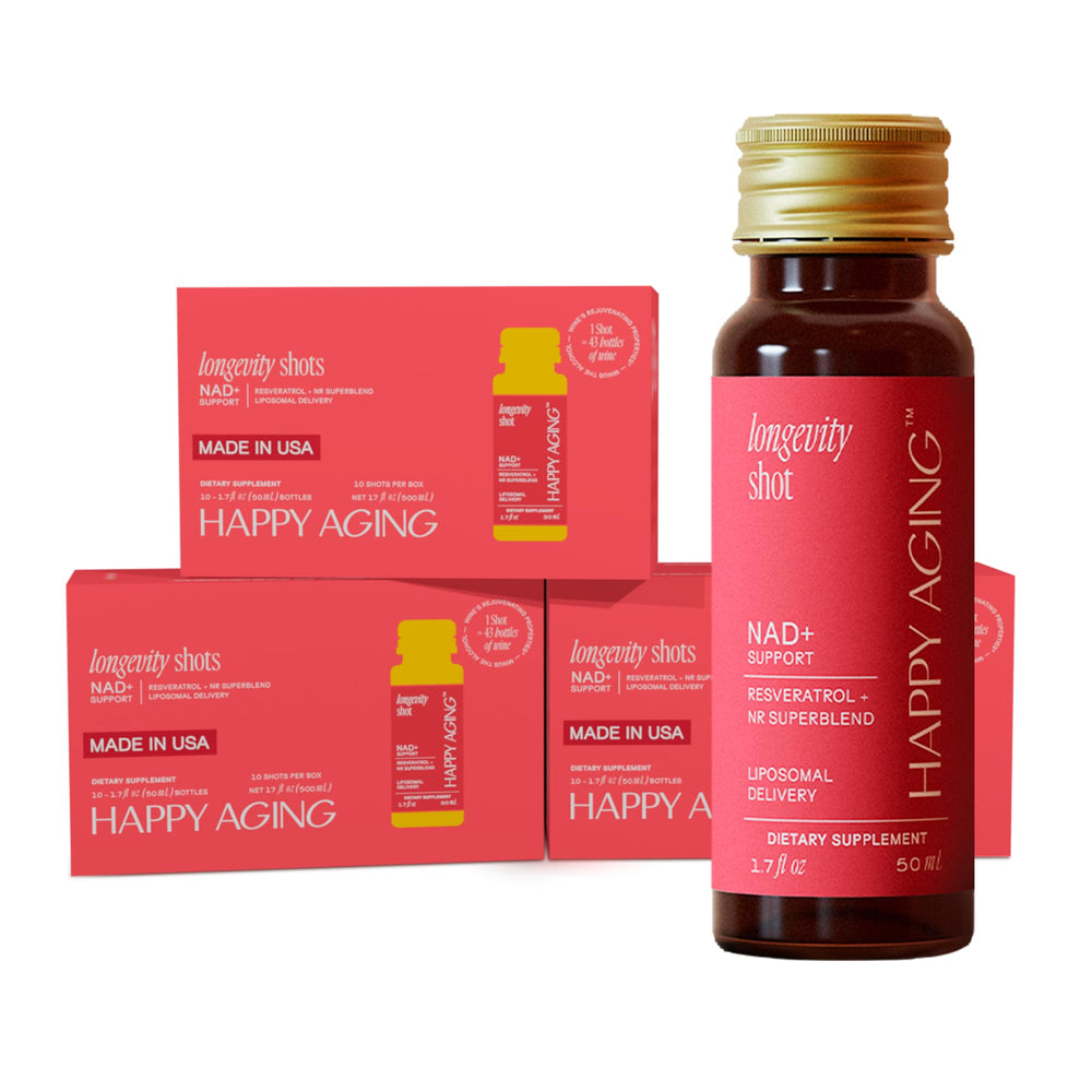 Happy Aging NAD+ shot energy bottle pour supports daytime vitality