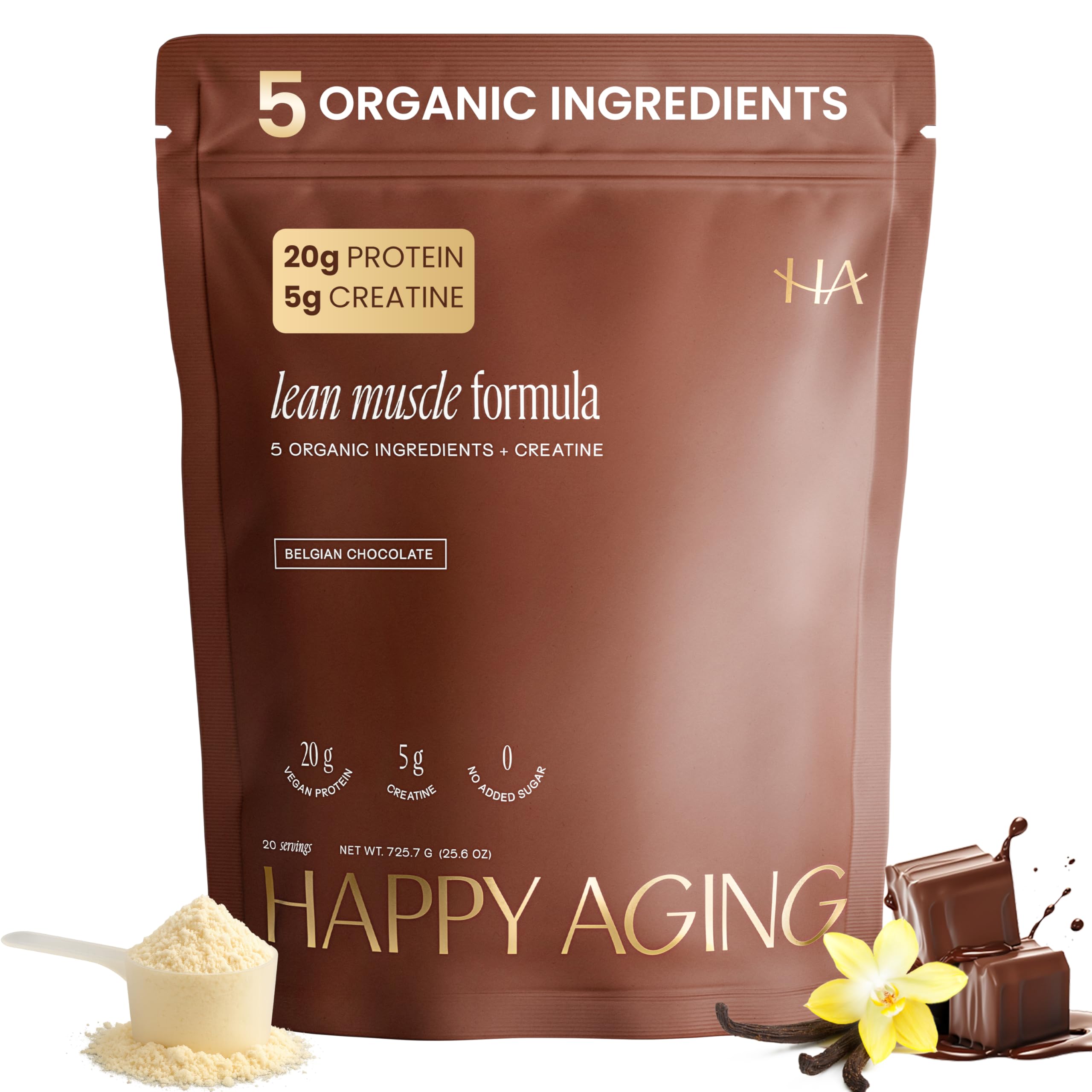 Happy Aging protein powder tub close-up highlighting vegan, plant-based nutrition