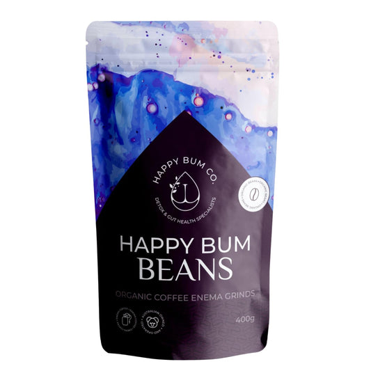Happy Bum Co coffee enema beans packaging, mold-free and organic.