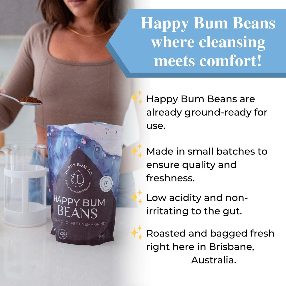 Brew setup with Happy Bum Co enema beans for gentle detox.
