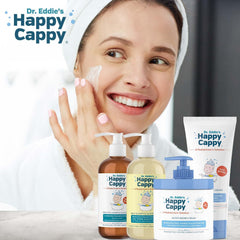 Happy Cappy closeup of cream application demonstrates quick bath-time hydration.