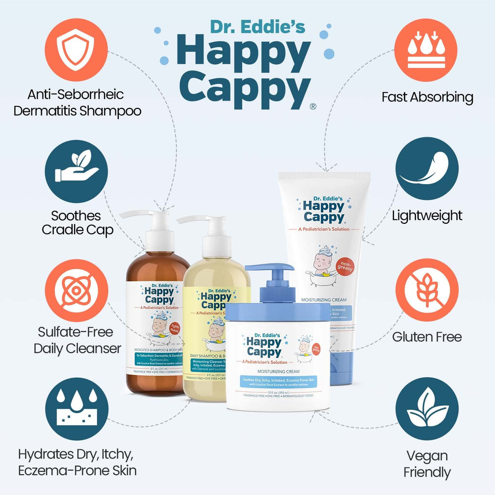 Happy Cappy daily shampoo and body wash cleanses delicate skin gently.