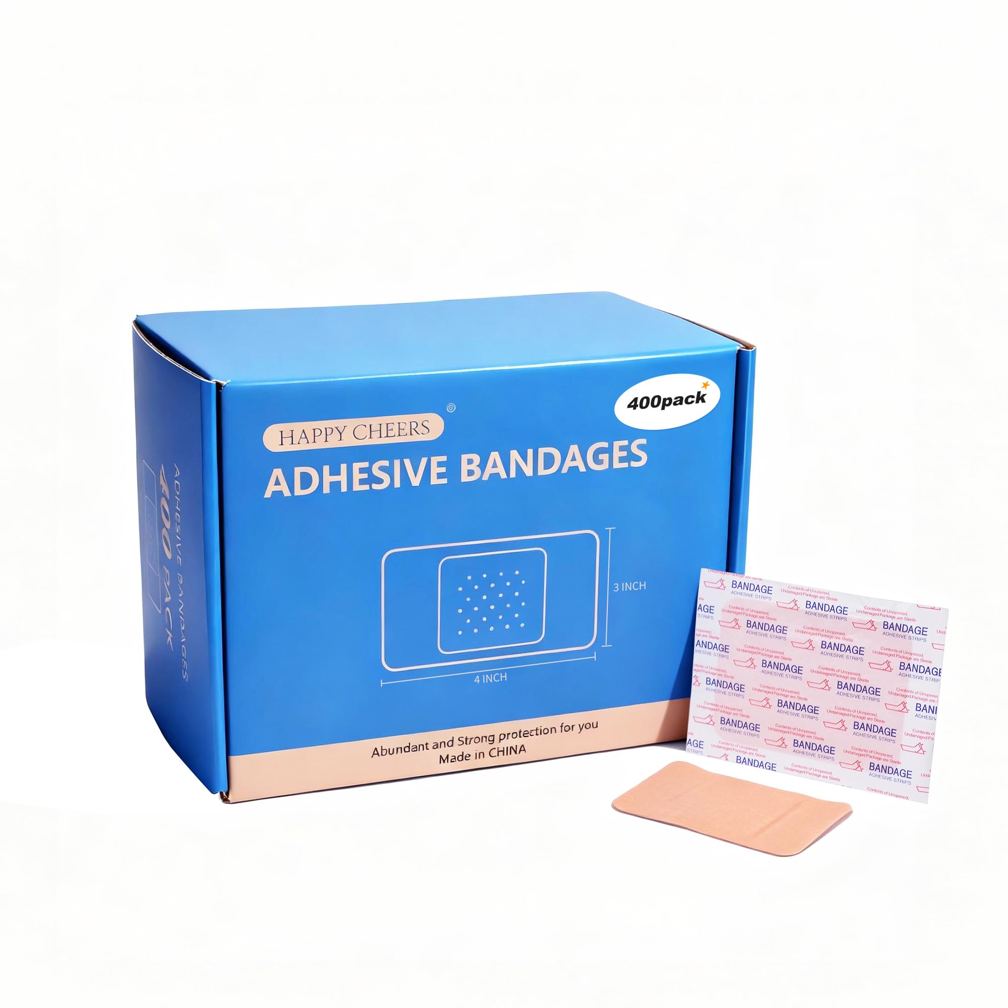 HAPPY CHEERS large 3x4 bandage covering a knee with secure protection.