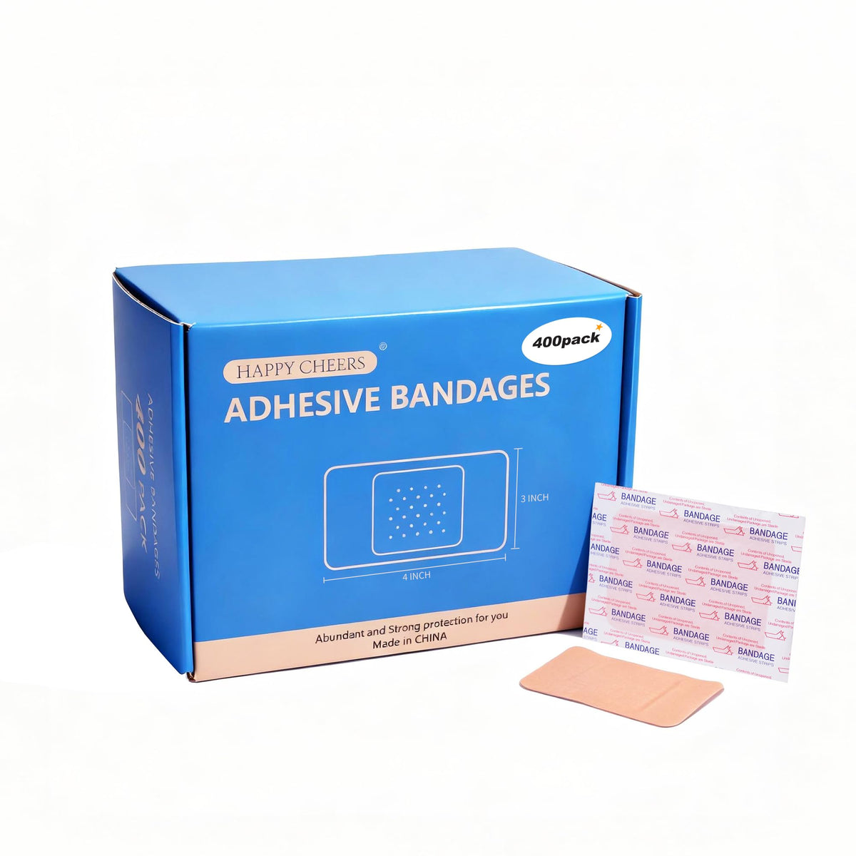 HAPPY CHEERS large 3x4 bandage covering a knee with secure protection.