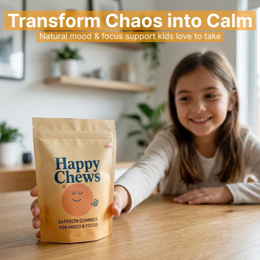 Happy Chews saffron gummies for kids bottle back reveals ingredients and usage