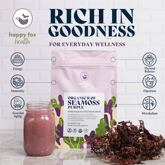 Happy Fox purple sea moss raw strands closeup highlights texture and pigmentation