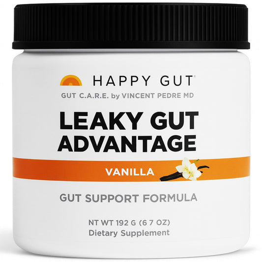 HAPPY GUT Leaky Gut Advantage bottle highlights a doctor-formulated gut support blend.