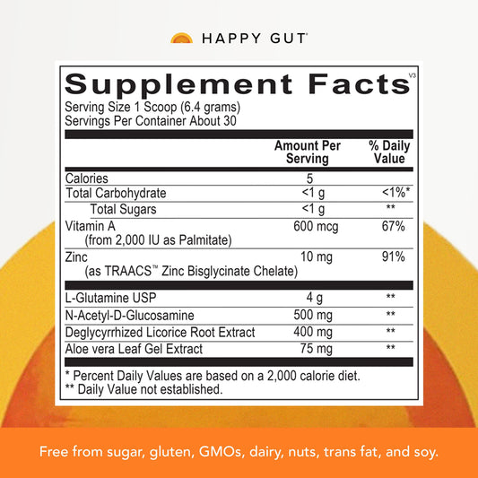 HAPPY GUT Leaky Gut Advantage label close-up showcasing clean ingredients and vanilla flavor.
