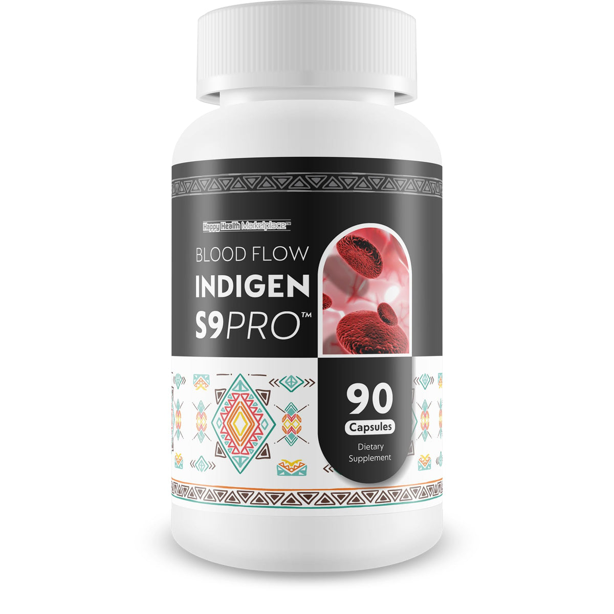 Happy Health Blood Flow Indigen S9 Pro bottle front view highlighting circulation support.