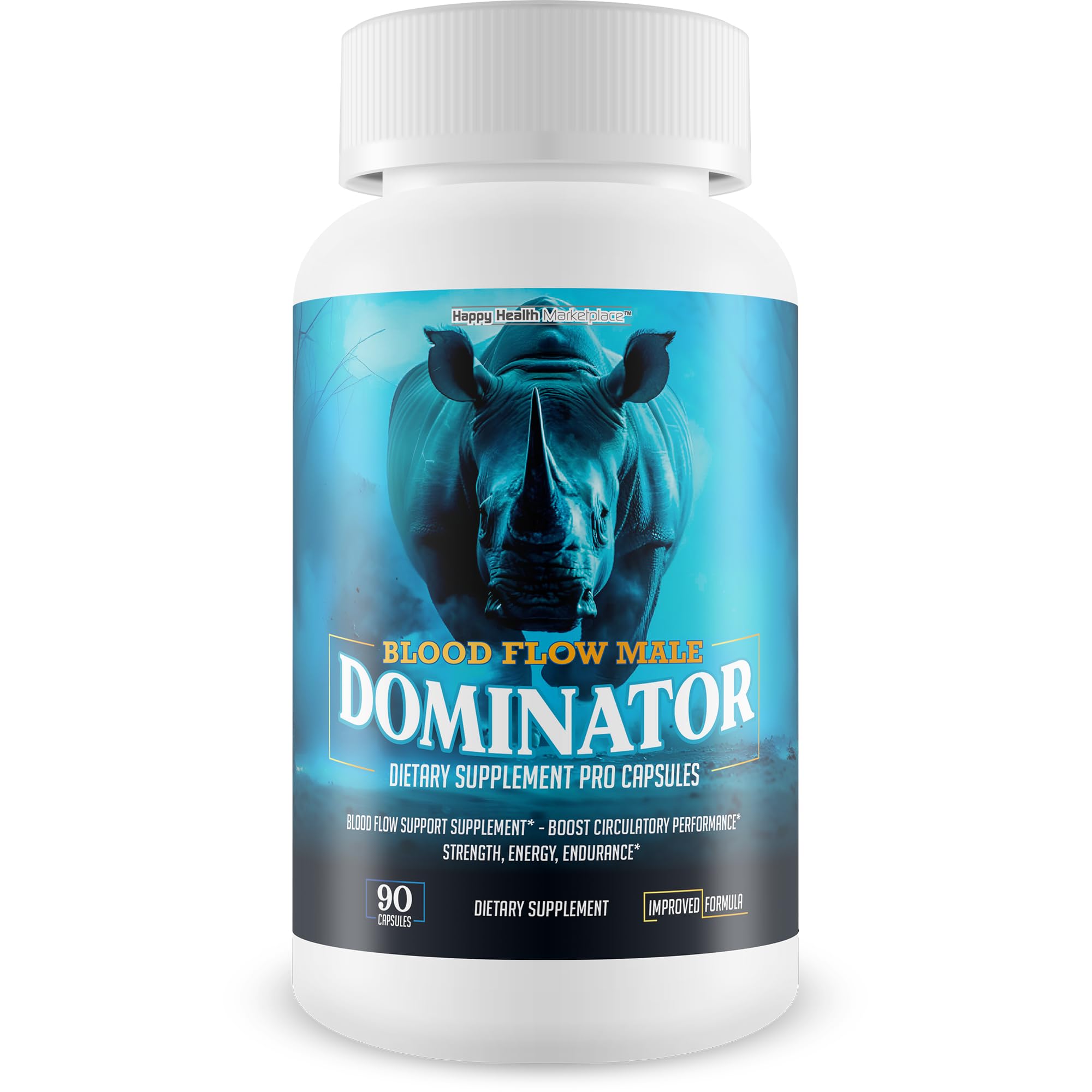 Happy Health Blood Flow Male Dominator bottle with premium capsules for vascular support.