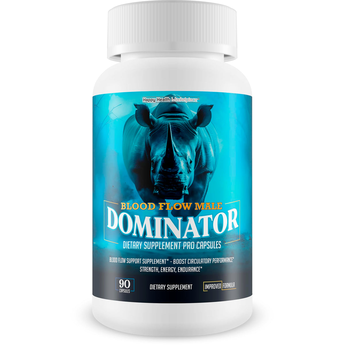 Happy Health Blood Flow Male Dominator bottle with premium capsules for vascular support.