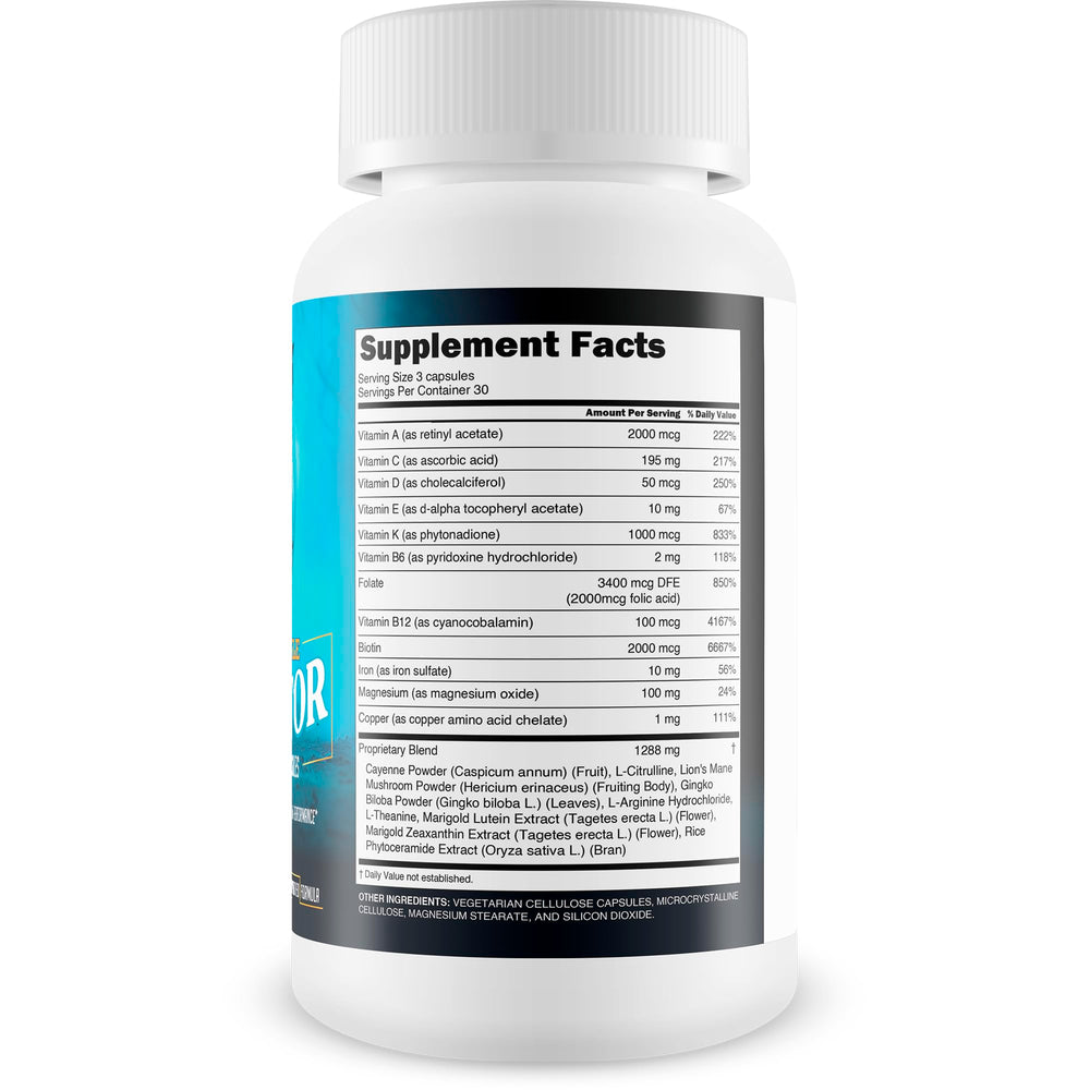 Happy Health Blood Flow Male Dominator capsules close-up showing capsules for circulation and energy support.