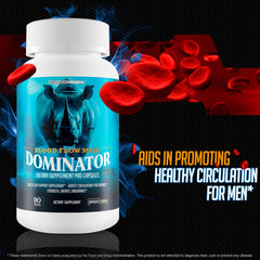 Happy Health Blood Flow Male Dominator capsules resting on hand for easy daily use.