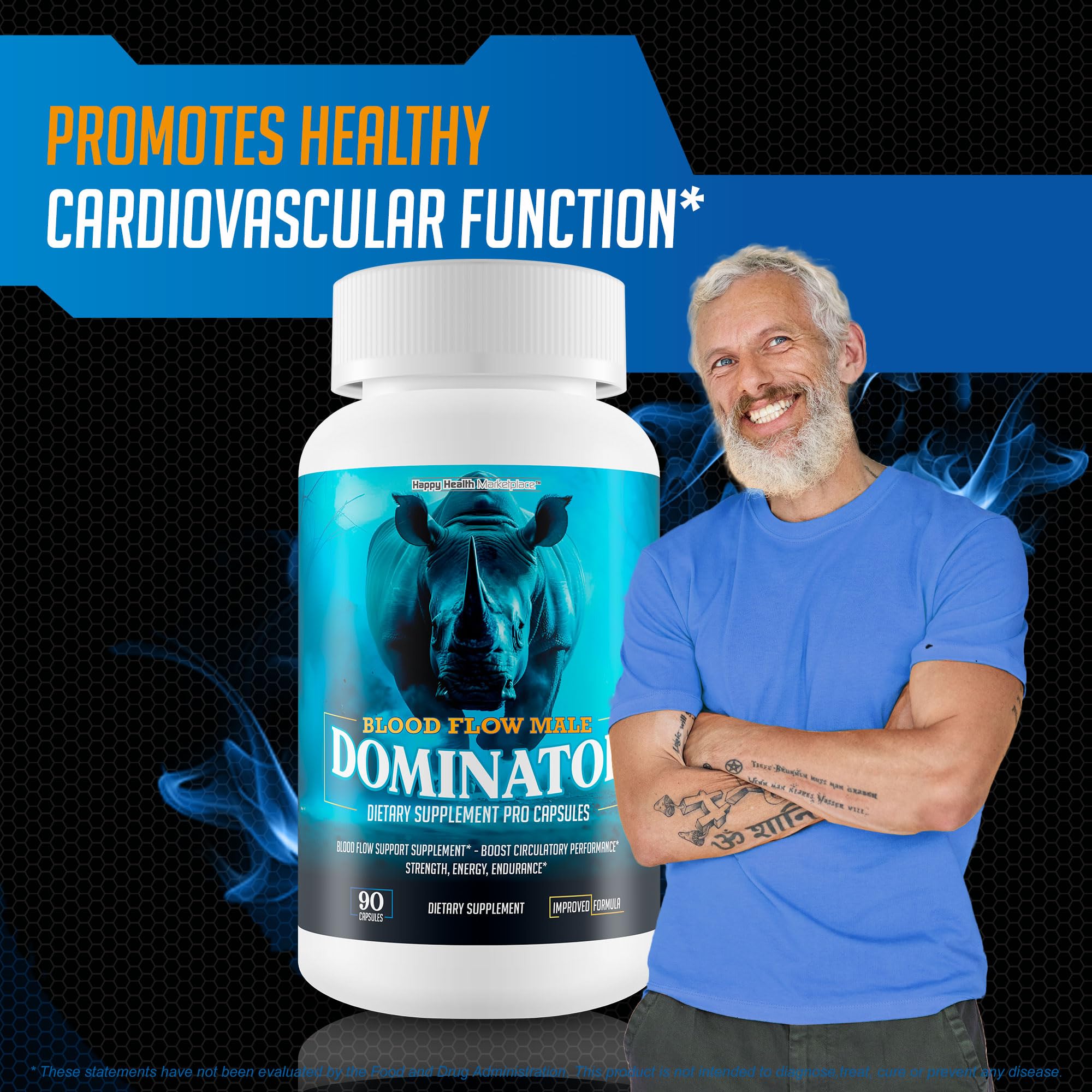 Happy Health Blood Flow Male Dominator dispensed bottle showing simple daily dose.