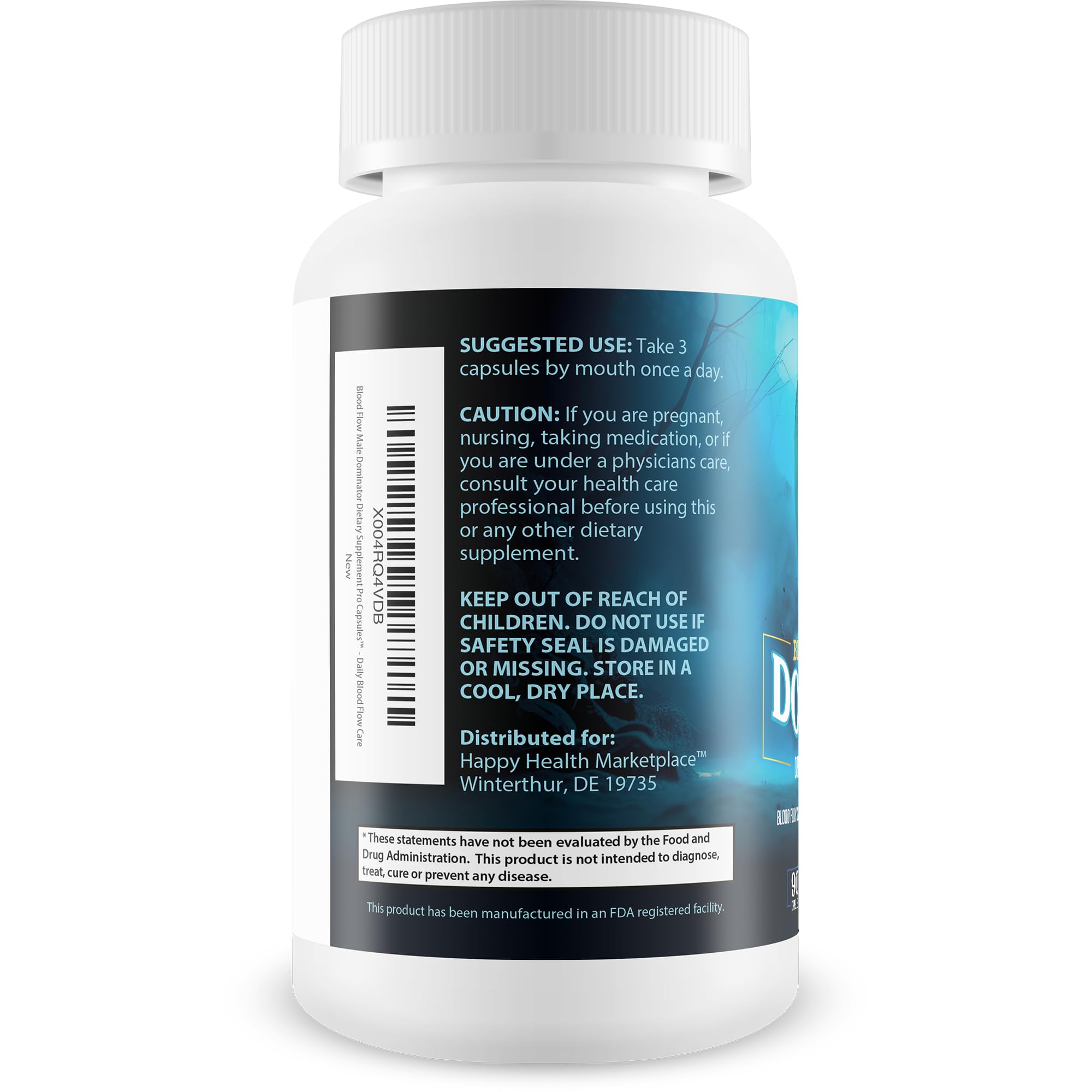 Happy Health Blood Flow Male Dominator label highlighting natural ingredients for blood flow support.