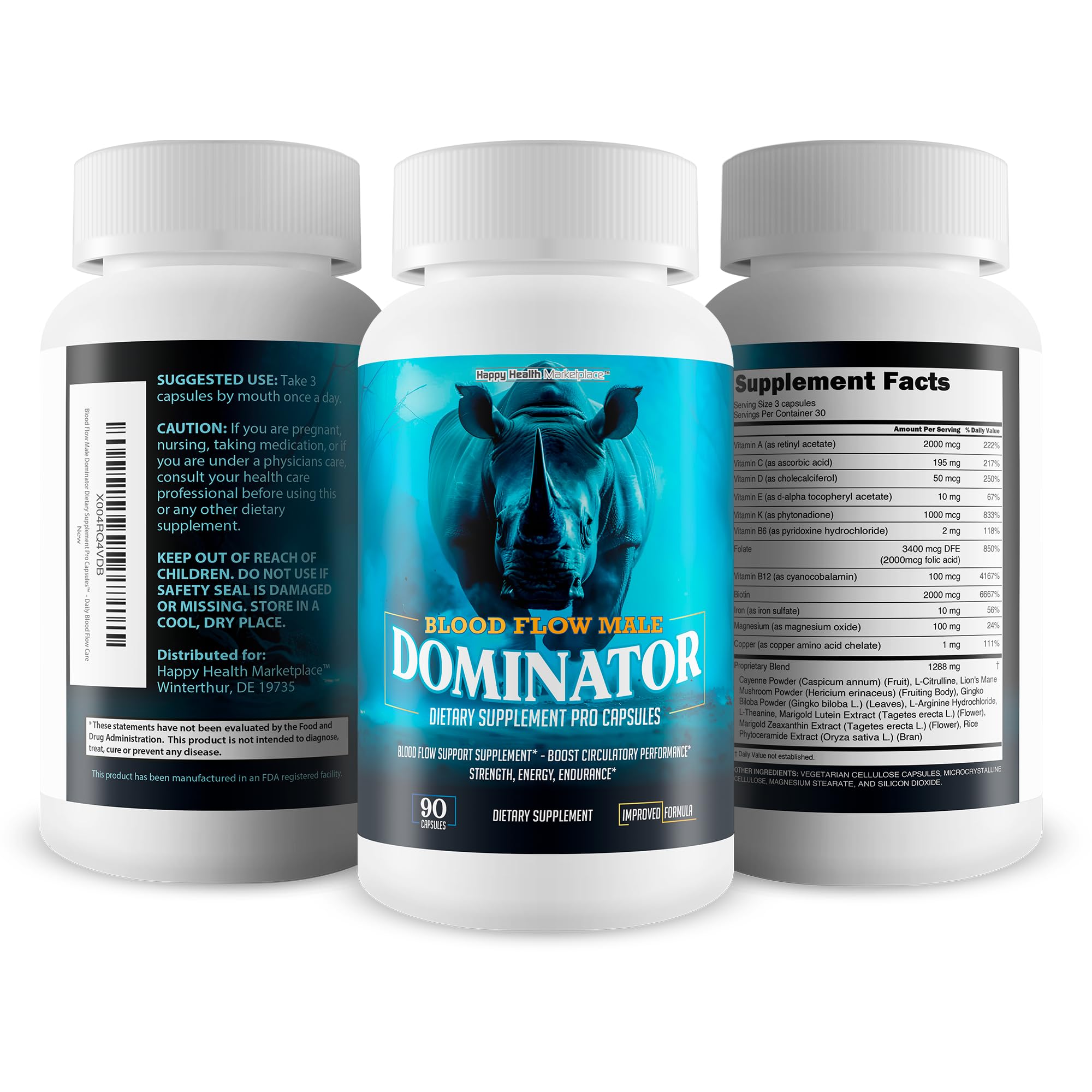 Happy Health Blood Flow Male Dominator packaging ready for daily supplementation routine.