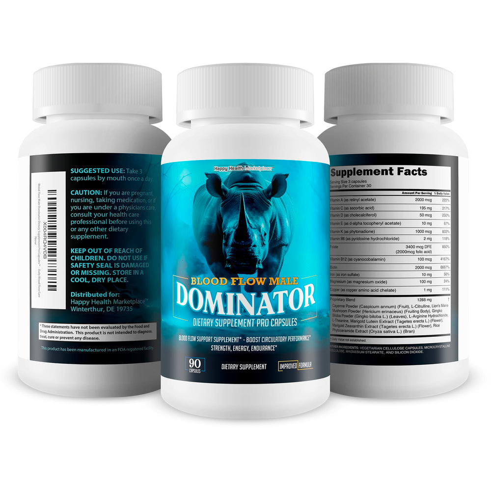 Happy Health Blood Flow Male Dominator packaging ready for daily supplementation routine.