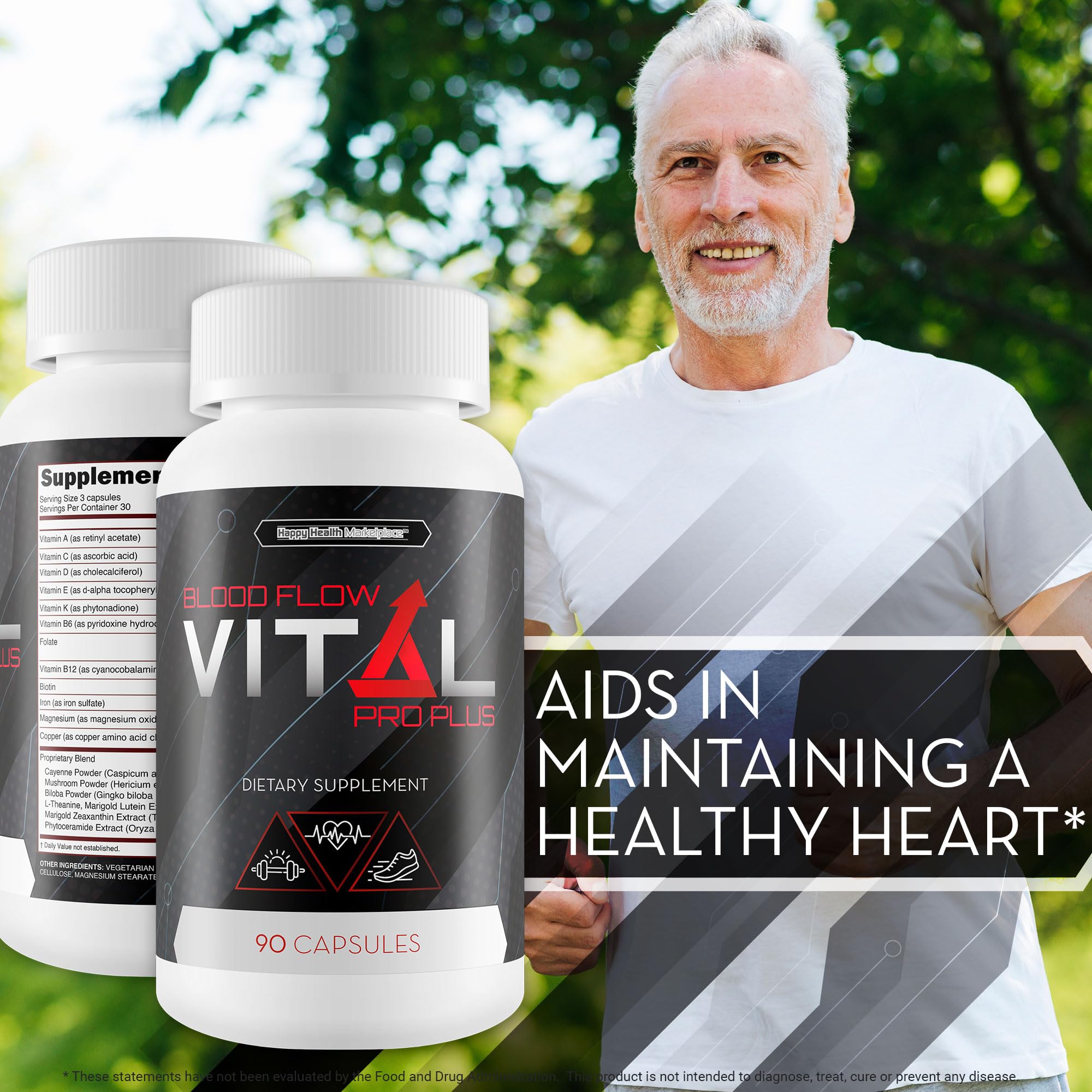 Happy Health Blood Flow Vital Pro Plus artery-health visual communicates vascular wellness concept.