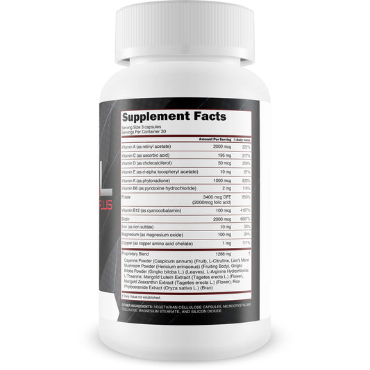 Happy Health Blood Flow Vital Pro Plus capsules close-up showing natural ingredients for vitality.