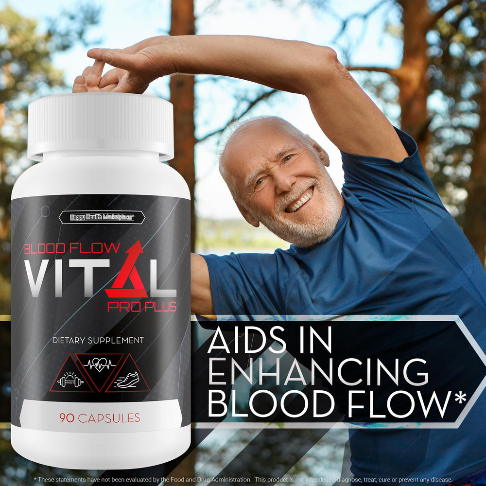 Happy Health Blood Flow Vital Pro Plus ingredients graphic showcases vitamins minerals and antioxidants.