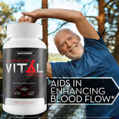 Happy Health Blood Flow Vital Pro Plus ingredients graphic showcases vitamins minerals and antioxidants.