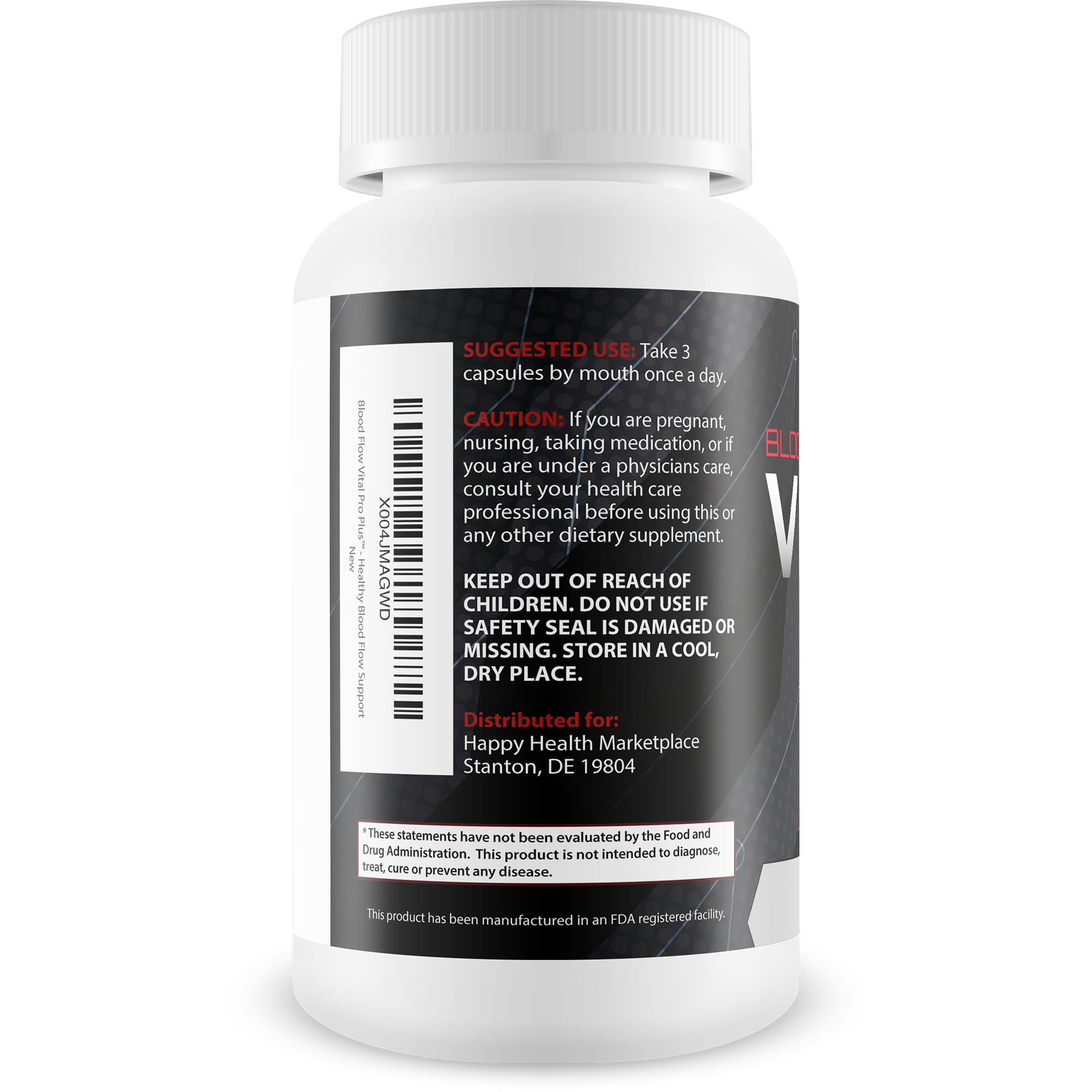 Happy Health Blood Flow Vital Pro Plus label view highlights premium vasodilator formula.