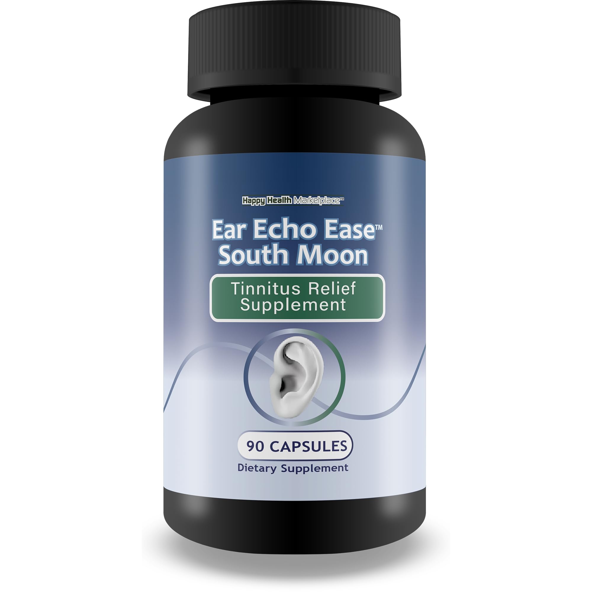 Happy Health Ear Echo Ease bottle shown for convenient daily tinnitus relief.