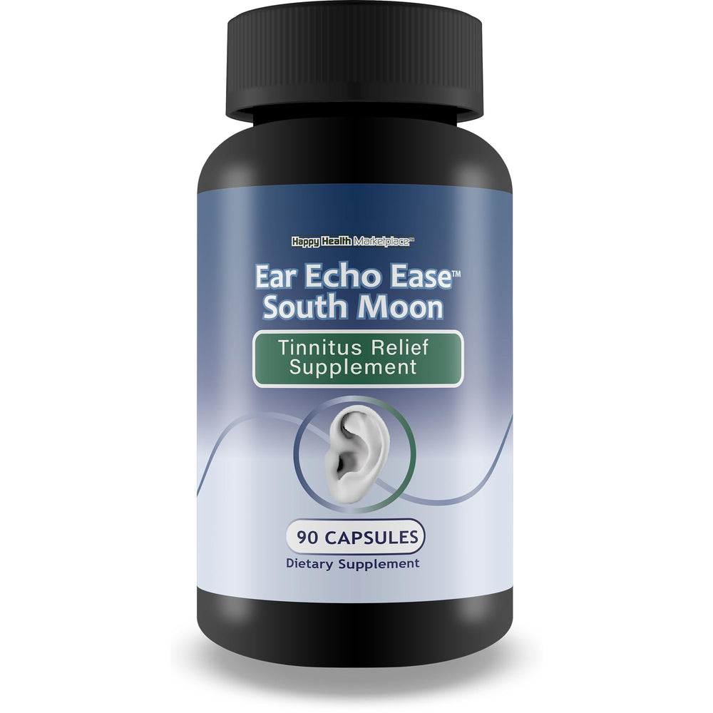 Happy Health Ear Echo Ease bottle shown for convenient daily tinnitus relief.