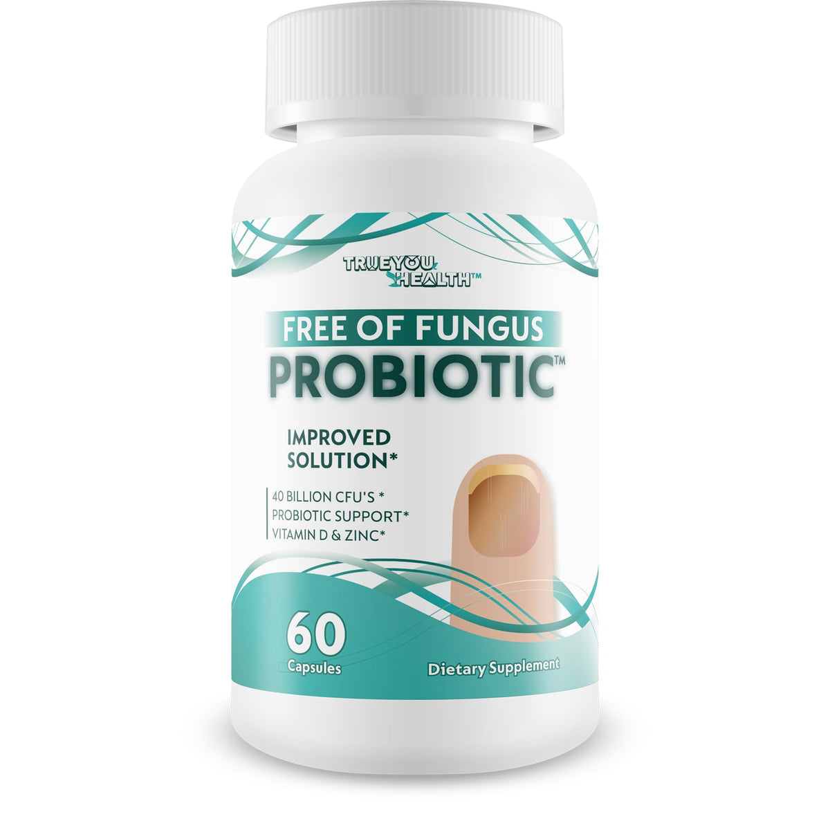 Happy Health Free Of Fungus Probiotic bottle shows a multi-strain formula for nail health.