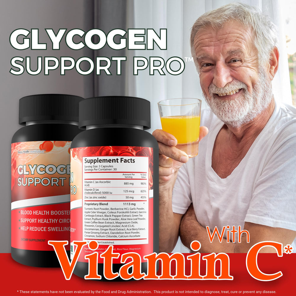 Happy Health Glycogen Support Pro bottle on a white desk signals premium USA-made quality
